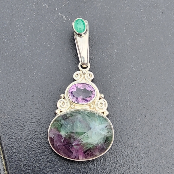 Sajen Jewelry - Sterling silver Sajen drop pendant amethyst fluorite cabachon jade green jewelry